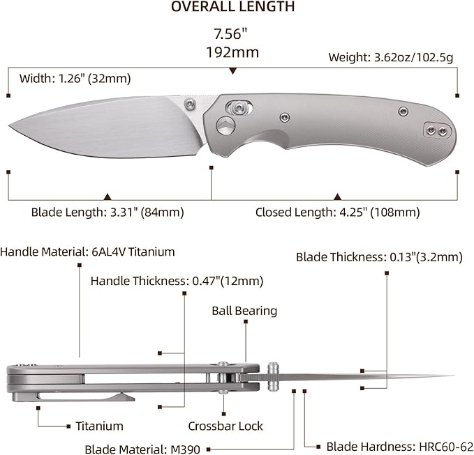 Folding Pocket Knife,3.31” M390 Blade,Erogonomic Titanium Handle,Hunting Survival Knife,EDC Knife for Hunting Camping Survival Outdoor Fishing Hiking(Grey)
