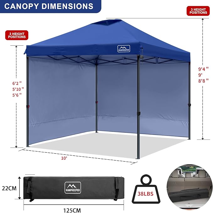 KAMPKEEPER 10x10 Pop Up Canopy Tent with 2 Sidewalls, Beach Tent - Easy Outdoor Sun Shade for Events, Parties, Camping - Gazebo with 4 Weight Bags & Carry Bag.(Navy Blue)