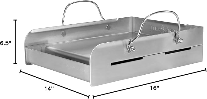 griddle-Q GQ120 100% Stainless Steel Medium-Sized Professional Griddle with Even Heating Bracing and Removable Handles for Charcoal/Gas Grills, Camping, Tailgating, and Parties (14"x16"x6.5")