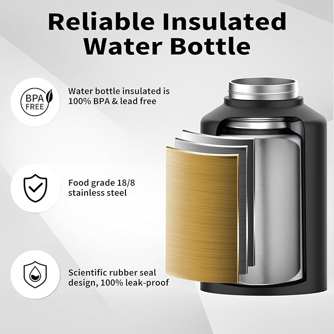 1 Gallon Water Bottle Insulated(Cold for 48 Hrs),BPA Free&Leak Proof,128oz Stainless Steel Water Jug with Handle for Gym,Hiking,Camping&Travel,Black Large Thermo