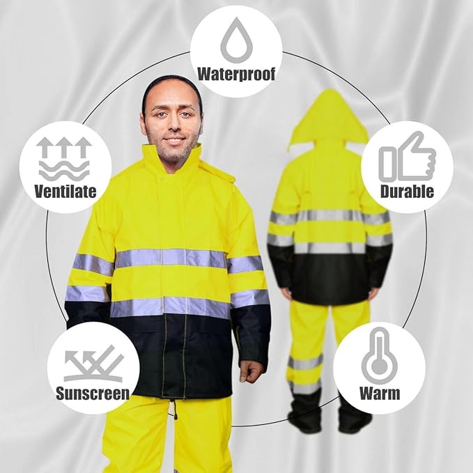 Men's Hi Vis Rain Jacket, Class 3 High Visibility Rain Gear for Men and Women, Waterproof Rain Suits, Internal Mesh,Zipper