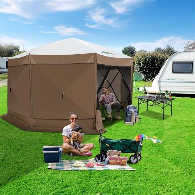COBIZI 15x15ft Extra Large Pop-Up Gazebo Canopy Tent with Mosquito Netting, Spacious Easy Set-Up Screened Shelter, Durable Outdoor Pavilion with Ground Stakes, Perfect for Patio, Backyard, Brown