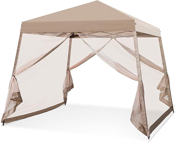 EAGLE PEAK 10x10 Slant Leg Easy Setup Pop Up Canopy Tent with Mosquito Netting 64 sqft of Shade, Beige