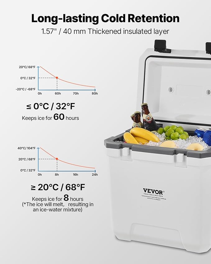 VEVOR Ultra-Light Hard Cooler, Ice Retention Cooler with Heavy Duty Handle, Ice Chest Lunch Box for Camping, Travel, Outdoor, Keeps Cool for up to 6 Days, 30% Lighter Than Rotomolded Coolers