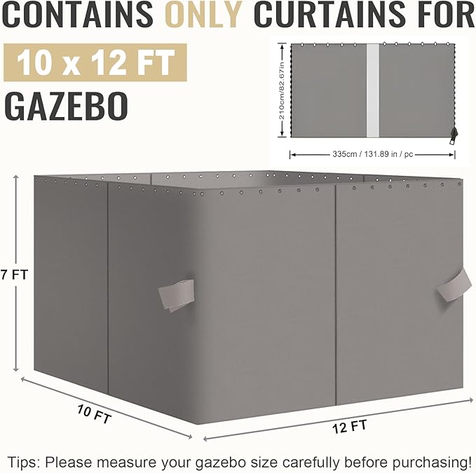 COWVIE 4-Panel 10' x 12' Gazebo Replacement Curtains, Patio Privacy Sidewalls with Double Zipper, Replacement for Outdoor Gazebo Canopy (Curtain Only)