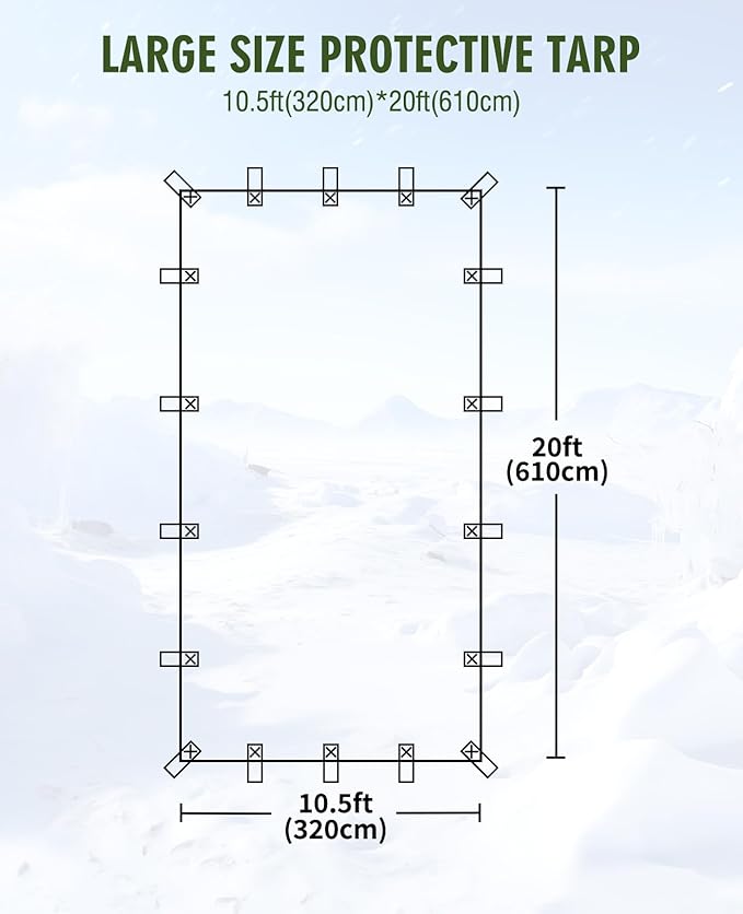HIRALIY 20 Mil Heavy Duty Waterproof Tarp, 10.5x20ft Green Tarpaulin with Reinforced Webbing Loops, Multipurpose Oxford Canvas Tarp for Firewood, Roof, Camping, Pool