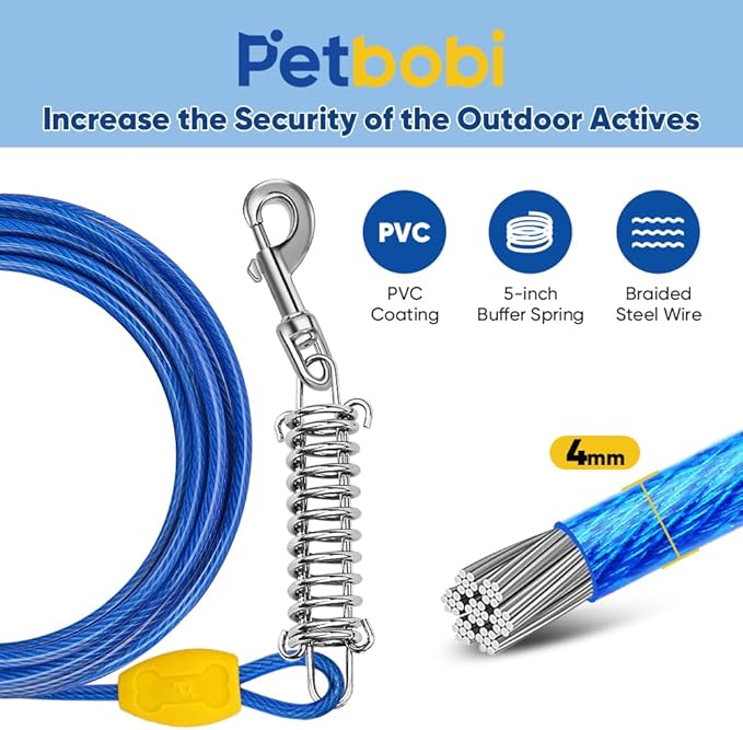 Petbobi Dog Tie-Out Cable and Stake - 10ft Heavy Duty Cable with Spring, No Tangle, 16in Ground Stake, Ideal for Yard, Camping and Beach, Suitable for Small Medium Large Dogs Up to 120 lbs, Blue
