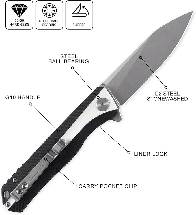 Petrified fish PF818,3.54" D2 Blade,104g G10 Handle Flipper Folding knife (Stonewash, Black and White)