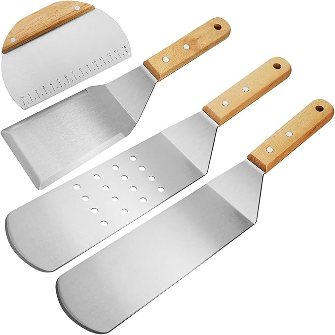 Heavy Duty Metal Spatula Set of 4, Professional Stainless Steel Griddle Spatulas and Scraper for Flat Top Grill, Cast Iron, BBQ, Smash Burger, Full Tang Wood Handle & Beveled Edge, Commercial Grade