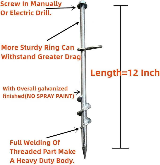 Ground Anchors Screw in 6 Pack-12 Inch Heavy Duty Galvanized Hex Head Tent Stakes Kit for Swing and Trampoline Set High Wind Solid Metal Dog Tie Out Stake