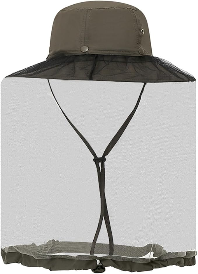 Mosquito Sun Hat with Net, Concealable Mesh, Drawstring Adjustable Skirt and Wind Cord, for Fishing Beekeeping Gardening