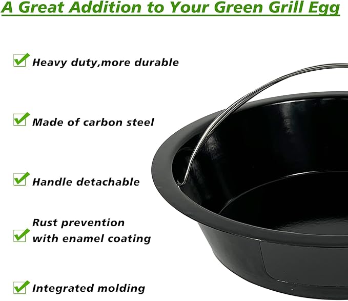 KAMaster Ash Can with Handle for XLarge Big Green Egg,Charcoal Ash Collector Must Haves Big Green Eggs Accessories Carbon Steel Ash Pot with Enamel Coating Steel Folding Handle Kamado Ash Basket