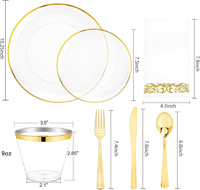 NOCCUR 350PCS Clear and Gold Plastic Plates - Gold Disposable Plastic Dinnerware Set for 50 Guests Include 100 Plastic Plates, 150 Gold Cutlery, 50 Cups&50 Napkins Idea for Wedding&Party