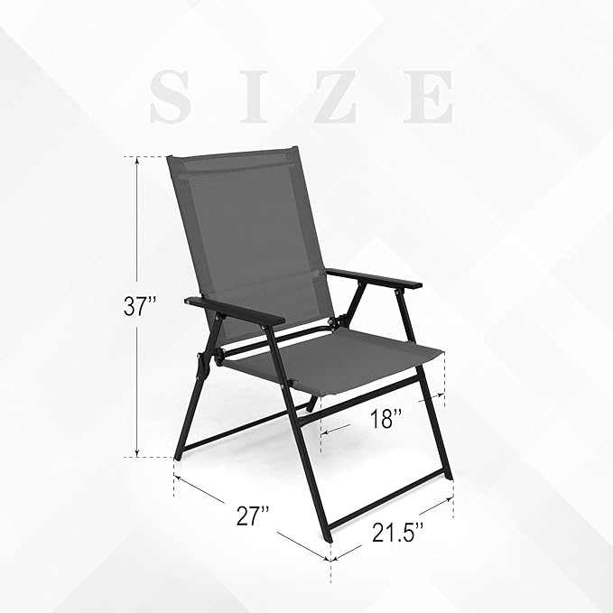 4 Pcs Patio Dining Chairs with Armrests Folding Outdoor Chairs Used for Camping Garden Backyard Pool Porch - Lightweight Grey Sling High Back