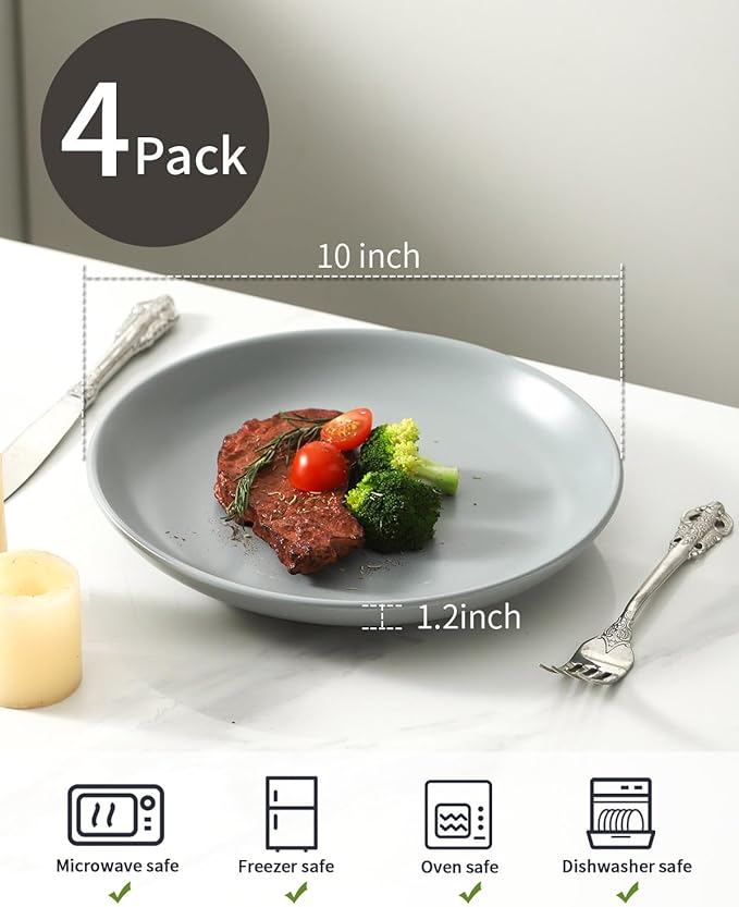 Dinner Plates Set of 4, 10 Inch Plates Set for Salad, Appetizer, Dessert, Stoneware Dinnerware Dishes for Kitchen Gift, Microwave & Dishwasher Safe, Pebble Gray