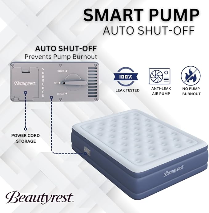 Beautyrest Supreme Air, Full Size Air Mattress with Built-in Pump, Raised Inflatable Bed for Adults, Puncture-Resistant Vinyl, Auto Shut-Off, 650lb Support, Guest Bed, Camping Airbed, 3-Year Warranty