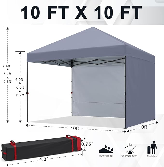 COOSHADE Pop Up Canopy Tent 10x10 with 2 Sidewalls, Outdoor Shade Instant Canopy Tents(Grey)