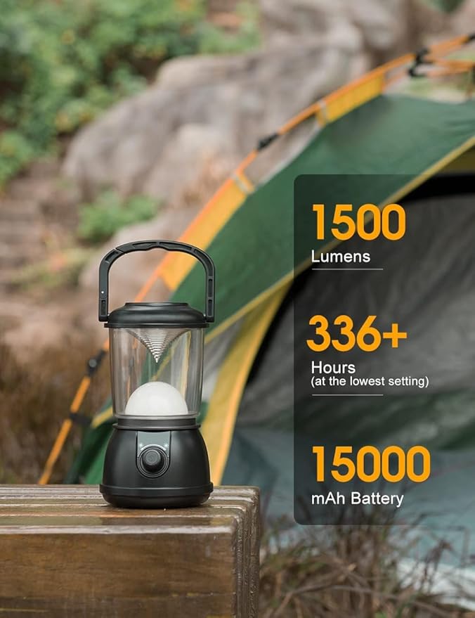 Camping Lantern Rechargeable, Up to 336H Running Time Super Tent Light, 15000mAh/1500LM Emergency Light for Hurricane, Power Outages, Home, Hiking, IPX5 Water-Resistant