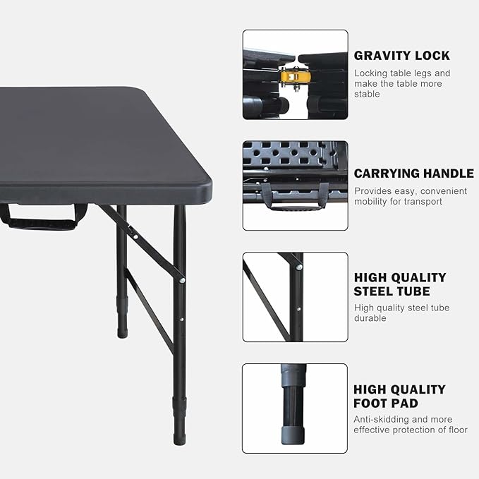Portable Plastic Folding Table 4ft/6ft/8ft Heavy Duty White Black Picnic Dining Table Fold-in-Half for Camp Party Kitchen Indoor Outdoor