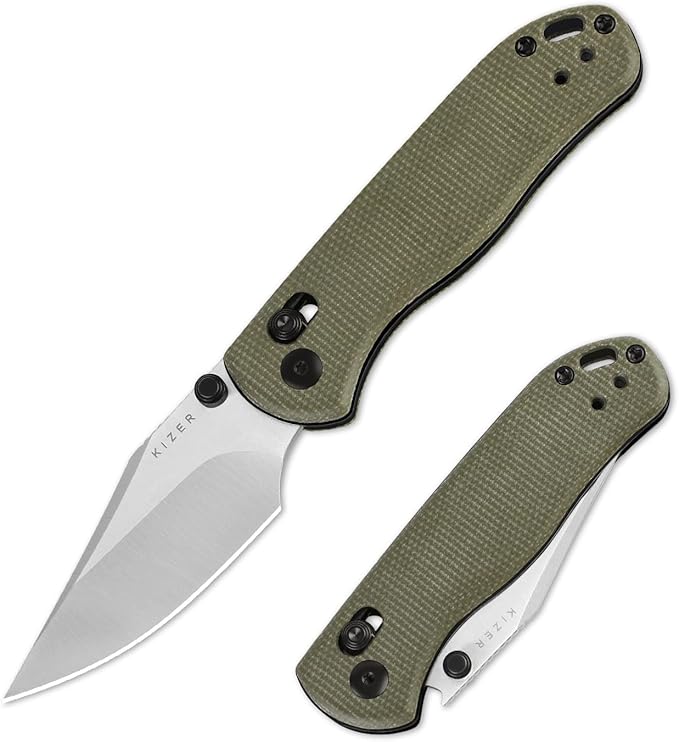 Kizer Drop Bear 2 Pocket Knife, 2.85" Nitro-V Clip Point Blade Folding Knife with Green Micarta Handle, Clutch Lock EDC Knives with Jimping on Spine for Men Women V3619.2KC1