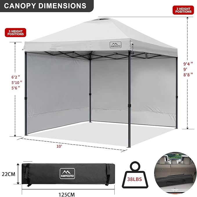 KAMPKEEPER 10x10 Pop Up Canopy Tent with 2 Sidewalls, Beach Tent - Easy Outdoor Sun Shade for Events, Parties, Camping - Gazebo with 4 Weight Bags & Carry Bag.(White)