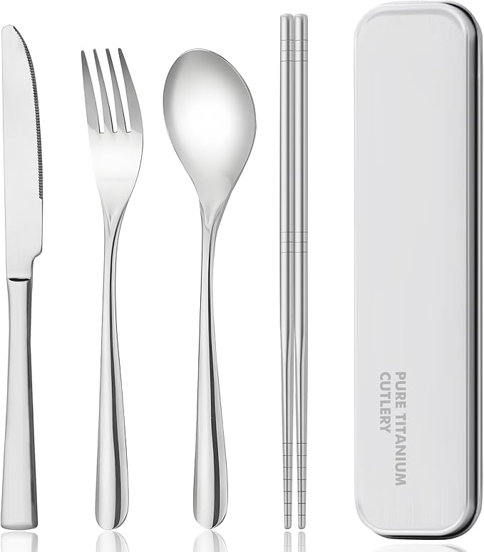 titanium tableware set, travel tableware with box, including titanium fork, knife, chopsticks and spoon, packed in a suitcase, portable design, suitable for school, work, picnic, camping use