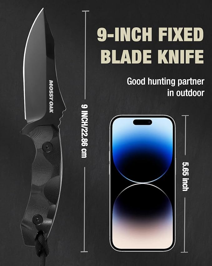 Mossy Oak 9" Fixed Blade Hunting Knife with Sheath, 14C28N Full Tang, G10 Handle Outdoor Knife for Survival, Camping, Hiking(Black)