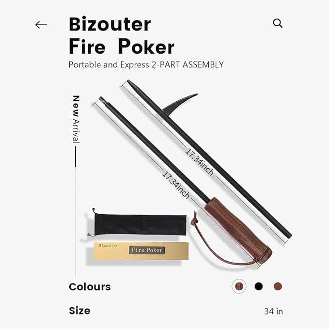 Fire Poker for Fire Pit,34in 2in1 Foldable Fire Poker & Blow Stick Fireplace Tools with Wooden Ergonomic Handle,Portable Fire Pit Poker for Campfire,Outdoor,Indoor,Wood Burning Stove & BBQ