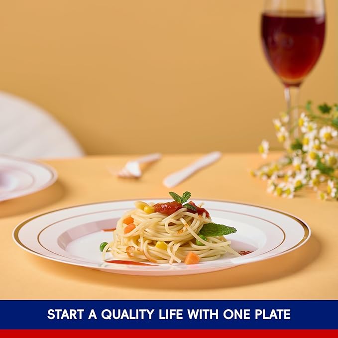 JOLLY CHEF 200 Pieces Gold Plastic Plates, 10 Inch Elegan Disposable Plates White Plate with Gold Rim,Plastic Plates for Dinner、Birthdays and Weddings