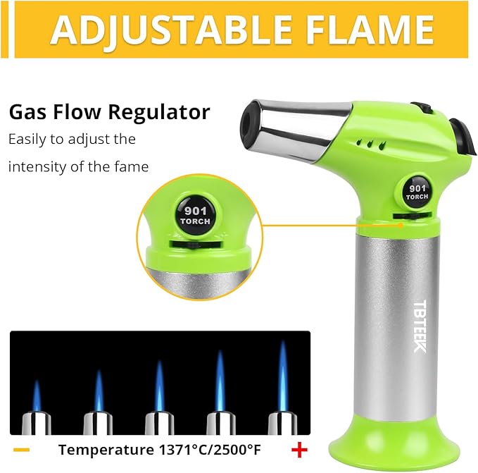 TBTEEK Butane Torch T901, Kitchen Torch Cooking Torch with Safety Lock & Adjustable Flame for Cooking, BBQ, Baking, Brulee, Creme, DIY Soldering(Butane Not Included), Green