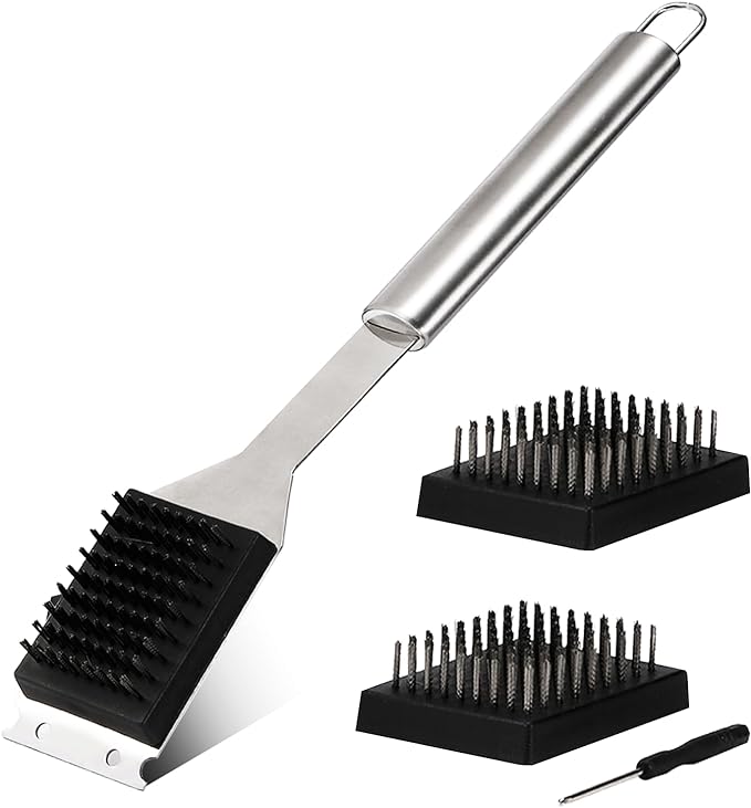 16.5” Grill Brush and Scraper with 2 Brush Replacements & 1 Screwdriver, Wire BBQ Grill Brush for Outdoor Grill, 304 Stainless Steel Cleaning Brush BBQ Grill Accessories