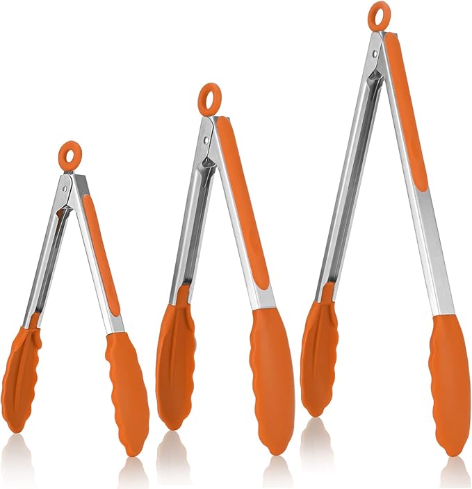 Kitchen Tongs, U-Taste 7/9/12 inches Cooking Tongs, with 600ºF High Heat-Resistant Non-Stick Silicone Tips, 18/8 Stainless Steel Handle, for Food Grill, Salad, BBQ, Frying, Serving, Pack of 3(Orange)