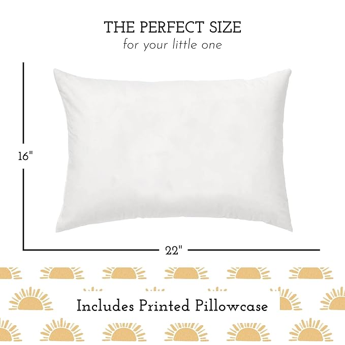 Little Sleepy Head Youth Pillow with Pillowcase 16x22, Soft Jumbo Toddler Pillows, Hypoallergenic Pillow Case - Best Kids Pillows for Sleeping, Perfect Kids Travel Pillows (Sunshines)