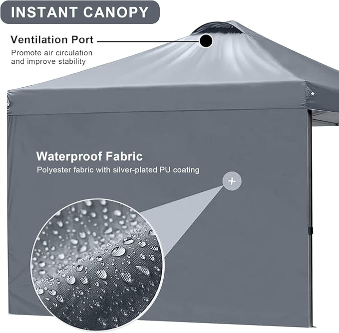 KAMPKEEPER 10x10 Pop Up Canopy Tent with 2 Sidewalls, Beach Tent - Easy Outdoor Sun Shade for Events, Parties, Camping - Gazebo with 4 Weight Bags & Carry Bag.(Grey)