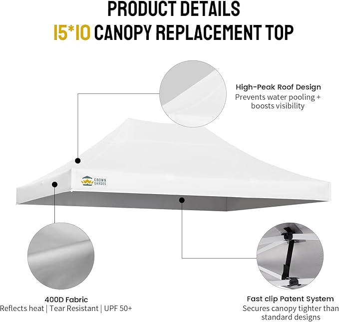 CROWN SHADES 10x15 Canopy Replacement Top - Only Compatible with Crown Shades M150B Series, Canopy Top Cover with Air Vent, White (Top Only)