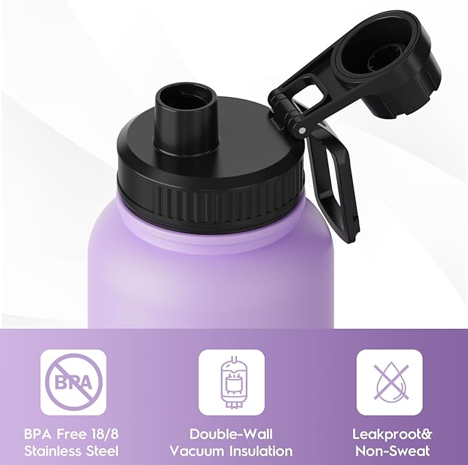 Navigate 40 oz Stainless Steel Insulated Water Bottle,Double Walled Leak Proof Keep Cold for 24 Hrs Hot for 12 Hrs,Wide Mouth Water Jug with Spout & Handle Lids,Purple