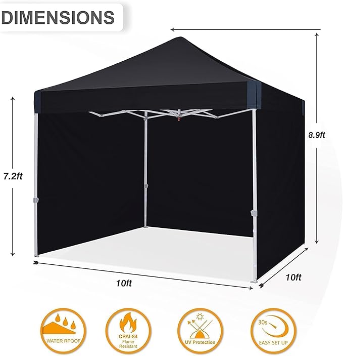 10x10 pop up Canopy Tent, Eazy up Outdoor Patio Canopy Tent with sidewalls, Heavy Duty Commercial Instant Canopy Tent with Sand Bags for Deck, Party, Camping, Backyard, Playground, Black