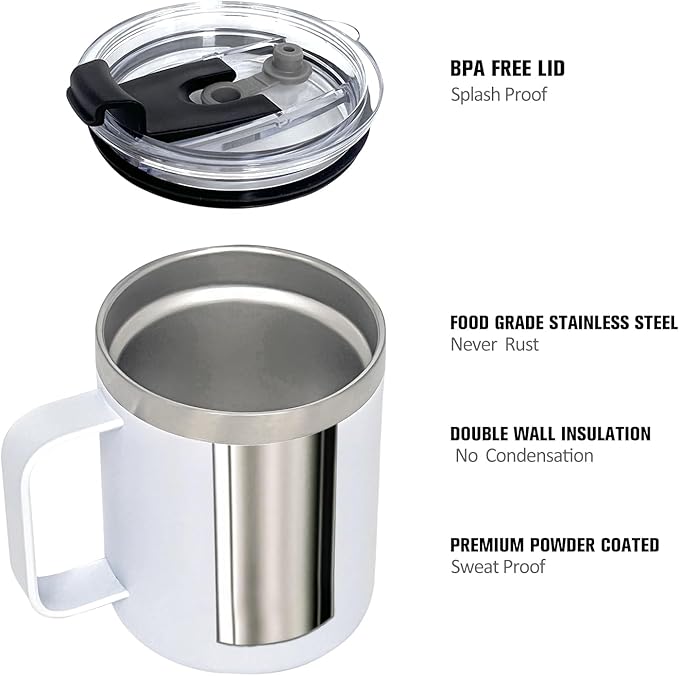 4pack 12oz Coffee Mug With Handle Bulk, Stainless Steel Insulated Travel Tumblers With,Double Wall Vacuum Camping Cup for Hot & Cold Drinks Tea (white)