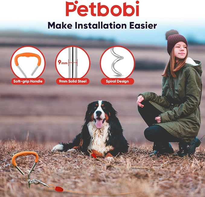 Petbobi Dog Tie-Out Cable and Stake - 30ft Heavy Duty Cable with Spring, No Tangle, 16in Ground Stake, Ideal for Yard, Camping and Beach, Suitable for Small Medium Large Dogs Up to 120 lbs, Orange