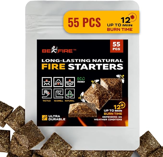 Fire Starter โข 55 pcs Natural Fire Starters up to 12 Min Burn Time Firestarters for Indoor Fireplace, Campfires & Camping, Wood Stove, Grill