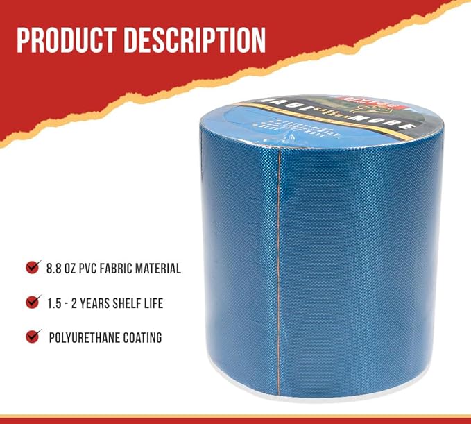 Mytee Products 8.8 oz Waterproof Blue Vinyl Tarp Repair Tape 6 Inch x 50 FT with Heavy Duty Adhesive Backing - Tarp Patch Kit, Tarp Repair Kit