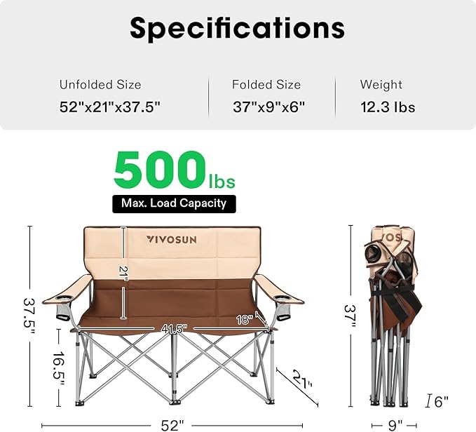 VIVOSUN Double Camping Chair, Fully Padded Folding Loveseat, Portable Oversized Duo Chair with Storage Cup Holders, Height-Adjustable Armrests & Carry Bag, Supports up to 500lbs, Brown & Cream