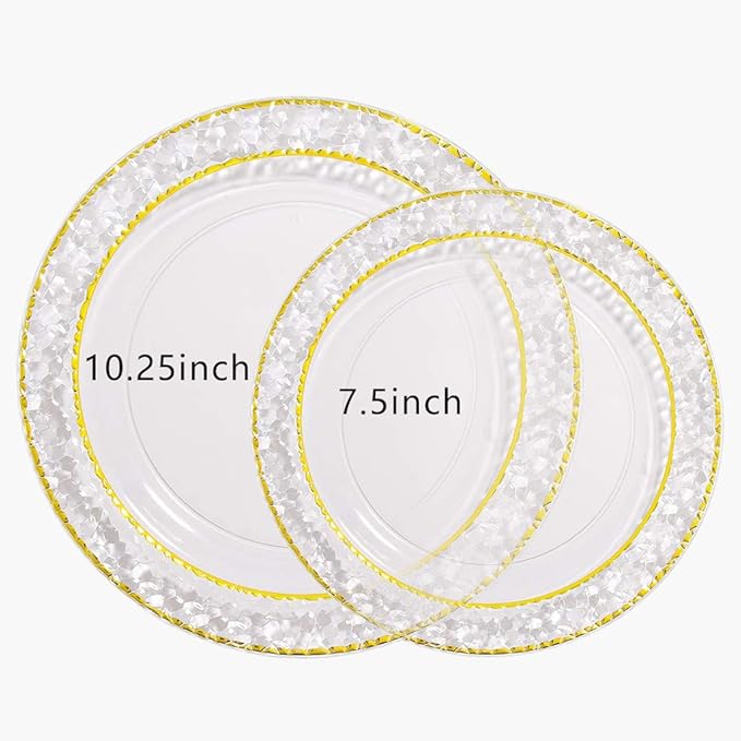 Nervure 102PCS Gold Plastic Plates - Disposable Clear Gold Party Plates Include 51PCS 10.25inch Dinner Plate & 51PCS 7.5inch Dessert Plate Perfect for Wedding & Party & Thanksgiving