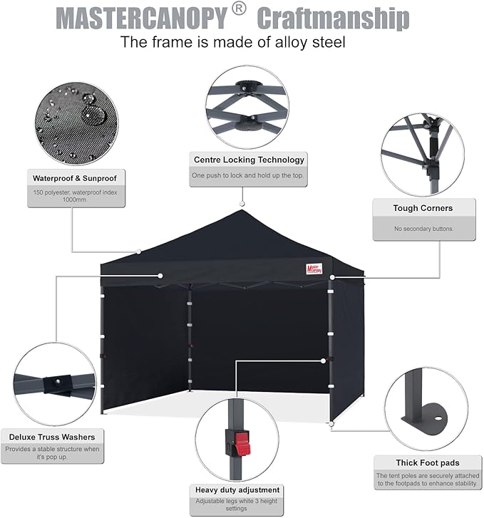 MASTERCANOPY Heavy Duty Pop-up Canopy Tent with Sidewalls (10x10,Black)