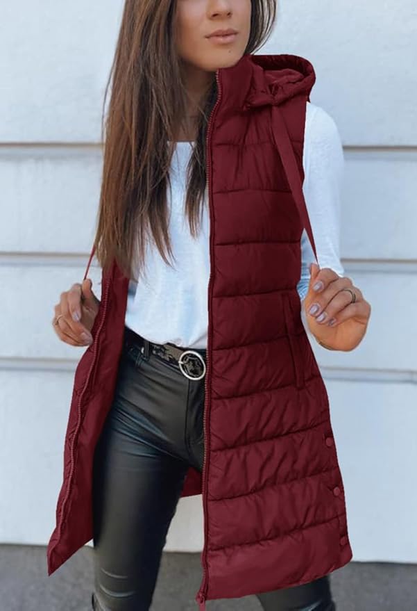 Veatzaer Women Long Vest Solid Color Sleeveless Hood Winter Puffer Vest Outwear