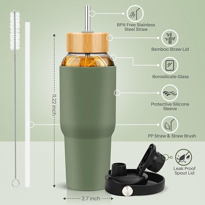 PROBTTL 40 oz Glass Tumbler with Handle - Sports Clear Borosilicate Glass Water Bottle with Straw, Silicone Sleeve, 2 Lids - Handle Spout & Bamboo Straw Lid, Fits Car Cup Holder, Leakproof