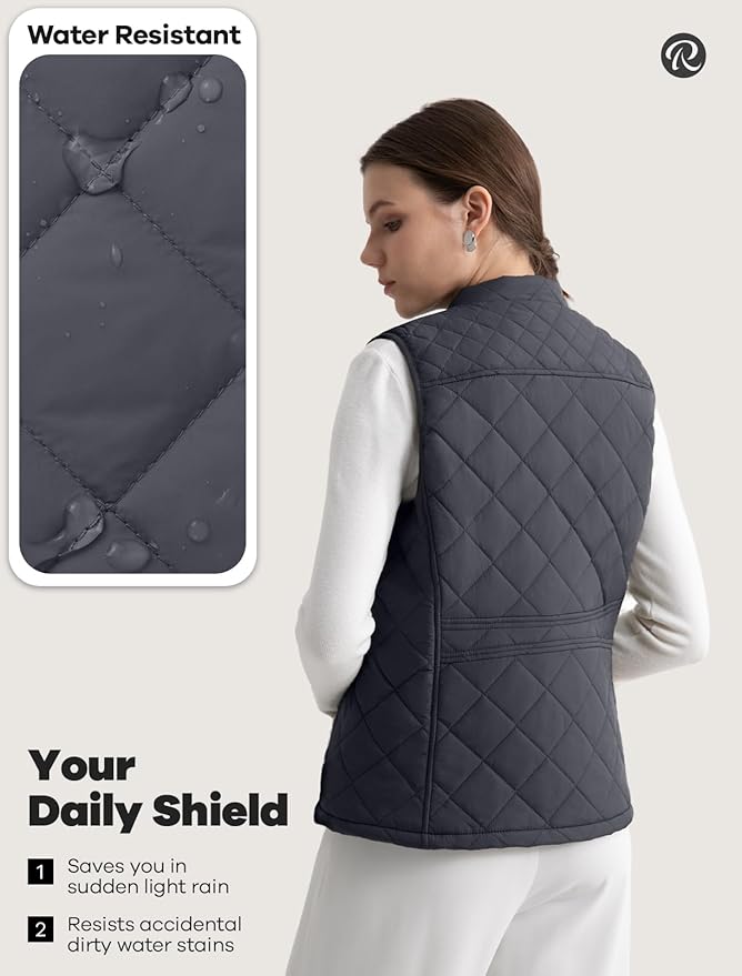 Women's Vest, Quilted Puffer Water-Resistant Zip With Pockets