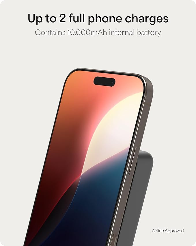 Mophie Powerstation Wireless 10,000mAh Power Bank – MagSafe Compatible, 15W Qi2-Certified, 30W USB-C PD Fast Charging, Slim Battery Pack for iPhone, Android, Travel & Airplane Use
