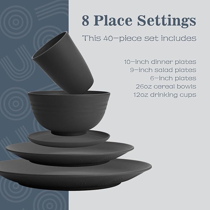 Wheat Straw Dinnerware Sets 40 PCS- Unbreakable Dishes Set for 8, Dishwasher and Microwave Safe Plates and Bowls Sets, Reusable Plastic Plates, Bowls, Drinking Cups for Camping, Party - Black