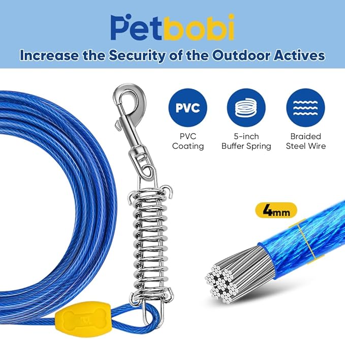 Petbobi Dog Tie-Out Cable and Stake - 20ft Heavy Duty Cable with Spring, No Tangle, 16in Ground Stake, Ideal for Yard, Camping and Beach, Suitable for Small Medium Large Dogs Up to 120 lbs, Blue